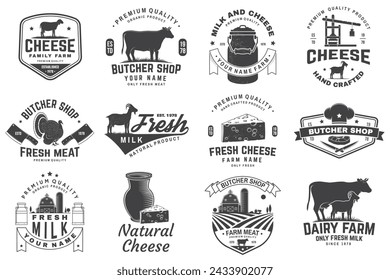 Cheese, butcher, dairy and milk family farm badge design. Template for butcher, cheese, dairy and milk farm business - shop, market, packaging and menu. Vector illustration