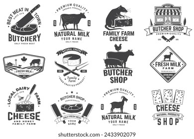 Cheese, butcher, dairy and milk family farm badge design. Template for butcher, cheese, dairy and milk farm business - shop, market, packaging and menu. Vector illustration