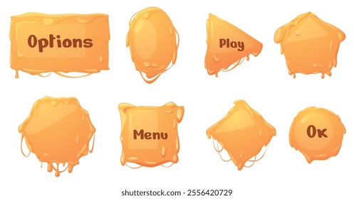 Cheese buttons. Melting cheddar emmental gouda ui design elements. Game or web page bars. Tasty sauce frames various shapes, nowaday vector set