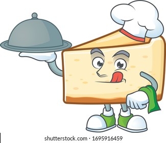 A cheese cake chef cartoon design with hat and tray