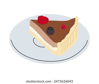 Cheese cake on plate flat vector illustration. Tasty cake slice decorated with berries isolated. Delicious pastry, traditional american cheesecake. Baked dessert, chocolate tart design element.