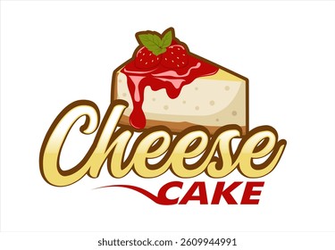 cheese cake slice vector logo with strawberry illustration and typography