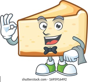 A cheese cake waiter cartoon character ready to serve