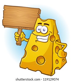 Cheese Cartoon Character Holding Wooden Sign