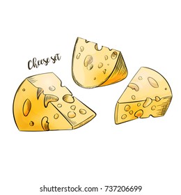 Cheese cartoon handdrawn set. Big pieces of maasdam or swiss type dairy product with holes. Vector game style illustration isolated on white background