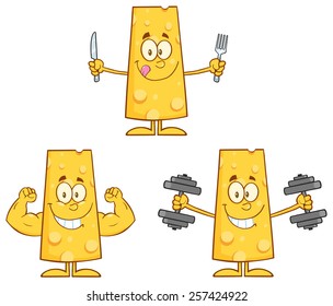 Cheese Cartoon Mascot Character 3. Vector Collection Set Isolated On White