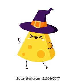 Cheese character design. Cheese on white background. mascot. Cheese in a witch hat.