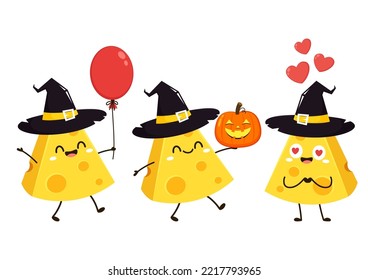 Cheese character design. Cheese on white background. mascot. Cheese in a witch hat.