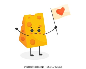 Cheese character holding heart flag. Cute dairy mascot. Vector illustration.