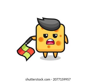 cheese character as line judge hold the flag down at a 45 degree angle , cute style design for t shirt, sticker, logo element
