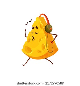 Cheese character listens to music with headphones and sings. Cartoon vector triangular or pyramid yellow slice of dairy product personage walk in headset. Piece with holes, grocery, milky farm food