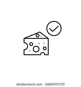 Queso y marca de verificación. Calidad láctea aprobada, comestibles certificados. Icono de Vector de trazo perfecto y editable