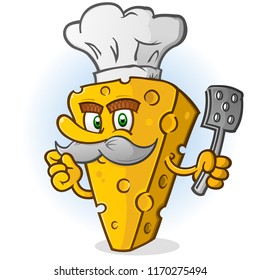 Cheese Chef Cartoon Character with Mustache Holding a Spatula