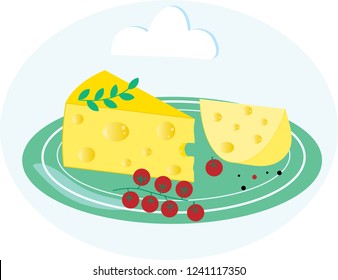 Cheese with cherry tomatoes on a green plate. Isolated on blue background with clouds. Flat icon. Vector illustrator EPS 10