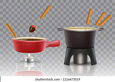 Cheese and chocolate fondue icon set. Vector realistic illustration of fondue pots fondue makers isolated on transparent background.