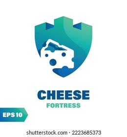 Cheese coated fort logo design. Abstract medieval composition, isolated on a white background.