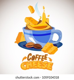 Cheese coffee. cheese floating and mixing with coffee come with typographic or logotype - vector illustration