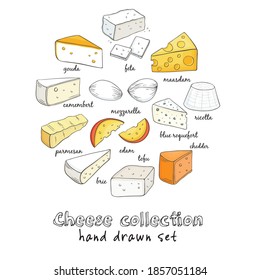 Cheese Collection of Cut sliced cheese assortment. Decorative icons set. Vector illustration for design menus, recipes and packages product.
