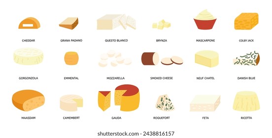 Cheese collection. Different cheeses placard, dairy farm products. Fresh tasty curd food, italian french cuisine ingredients. Isolated decent vector clipart