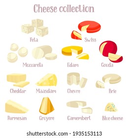 Cheese collection. Different kinds of cheeses. Vector hand drawn flat isolated illustration with dry brush texture and hand written lettering for your design.