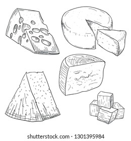 Cheese collection doodle drawing on white background. Hand drawing cheese types. Fresh dairy and milk food. Healthy nutrition and diet. Organic milk butter. Stylish sketch design