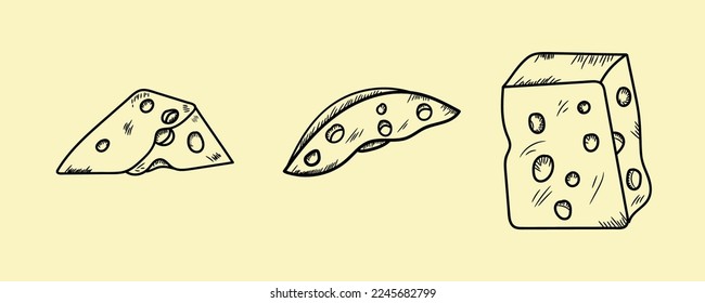 Cheese collection doodle. Vector hand drawn illustration of types of cheese. Isolated on white