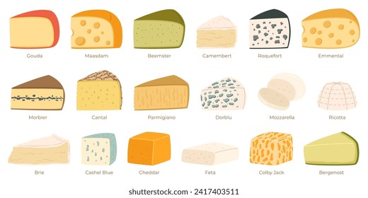 Cheese Collection, Gouda, Maasdam, Beemster or Camembert. Roquefort, Emmental, Morbier or Cantal. Parmigiano, Dorblu, Mozzarella and Ricotta. Brie, Cashel Blue, Cheddar and Feta, Colby Jack, Bergenost