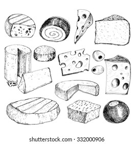 Cheese. Collection of hand drawn graphic illustrations. 