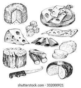 Cheese. Collection of hand drawn graphic illustrations. 