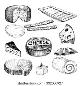 Cheese. Collection of hand drawn graphic illustrations