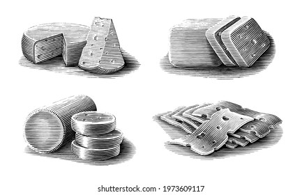 Cheese collection hand drawn vintage engraving style black and white clip art isolated on white background