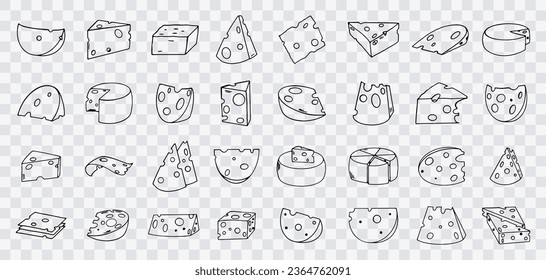 Cheese collection isolated on transparent background, hand drawn cheese outline vector illustration. Cheese sketch, doodle collection, cheese icon set