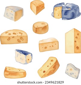 Cheese collection. Isolated on white background. Watercolor hand drawn illustration.