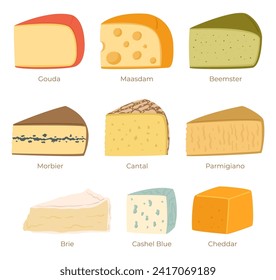 Colección de queso aislada en fondo blanco. Gouda, Maasdam, Beemster, Morbier Y Cantal. Parmigiano, Brie, Cashel Blue y Cheddar Dairy Production. Ilustración del vector de dibujos animados