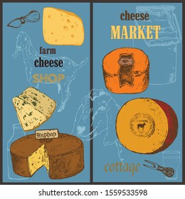Cheese collection market sketch colored vector banners set illustration. Hand drawn sorts of cottage organic production cheeses. Eco goat milk shop or market poster.