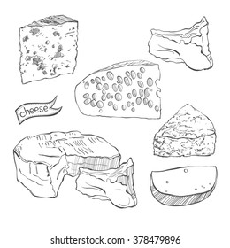 Cheese collection, objects  isolated on white background.  Hand drawn vector illustration, sketch. Elements for design.