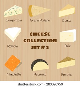 Cheese collection on wooden background. Set # 3. Gorgonzola, grana padano, comte, robiola, brie, mimolette, pecorino, fontina.