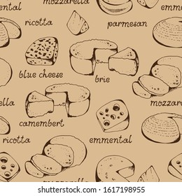 Cheese collection seamless vector pattern, isolated on white background, blue cheese, emmental, camembert, mozzarella, ricotta, parmesan with hand drawn text