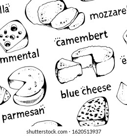 Cheese collection seamless vector pattern, isolated on white background, blue cheese, emmental, camembert, mozzarella, ricotta, parmesan with hand drawn text