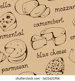 Cheese collection seamless vector pattern, isolated on white background, blue cheese, emmental, camembert, mozzarella, ricotta, parmesan with hand drawn text