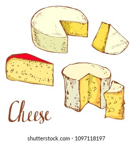 Cheese collection set ink sketch hand drawn stock vector illustration isolated on white background