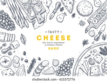 Cheese collection top view illustration. Antipasto table background. Engraved style illustration. Hero image. Vector illustration