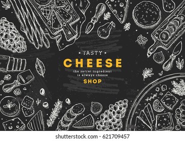 Cheese collection top view illustration. Antipasto table background. Engraved style illustration. Hero image. Vector illustration