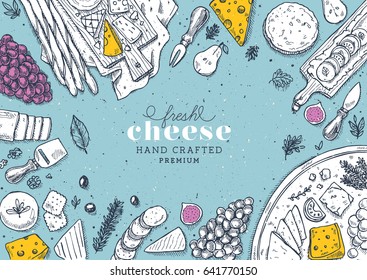 Cheese collection top view illustration. Antipasto table background. Engraved style illustration. Vector illustration