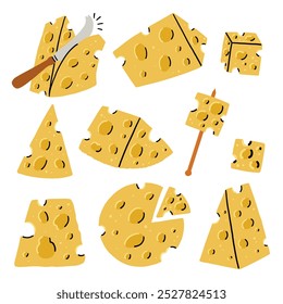 Cheese Collection Triangle Cheddar, Cubes Canape on Wooden Stick. Set Square and Round Parmesan Slice. Food Vector Illustration in Hand Drawn Style on White Isolated Background