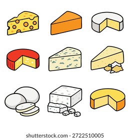 Una colección de queso con varios tipos, incluido el queso suizo cheddar brie gouda queso azul parmesano mozzarella feta y edam ilustrado en estilo de dibujos animados coloridos