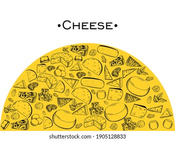 Cheese collection Vector design template in sketch style Slices of hard and creamy cheese on two-tone backdrop with sample text
