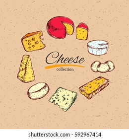 Colección de queso. Vector dibujado a mano ilustración de tipos de queso . Objetos aislados