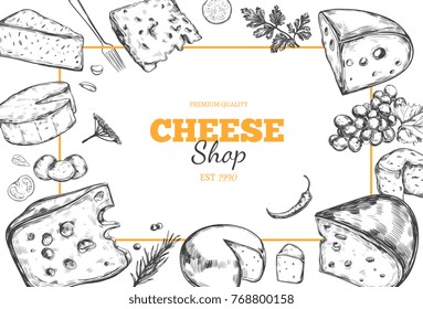 Cheese collection. Vector hand drawn background with different types of cheese.