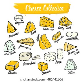 Cheese collection. Vector illustration of cheese types in hand drawn style. Cheese Isolated on white